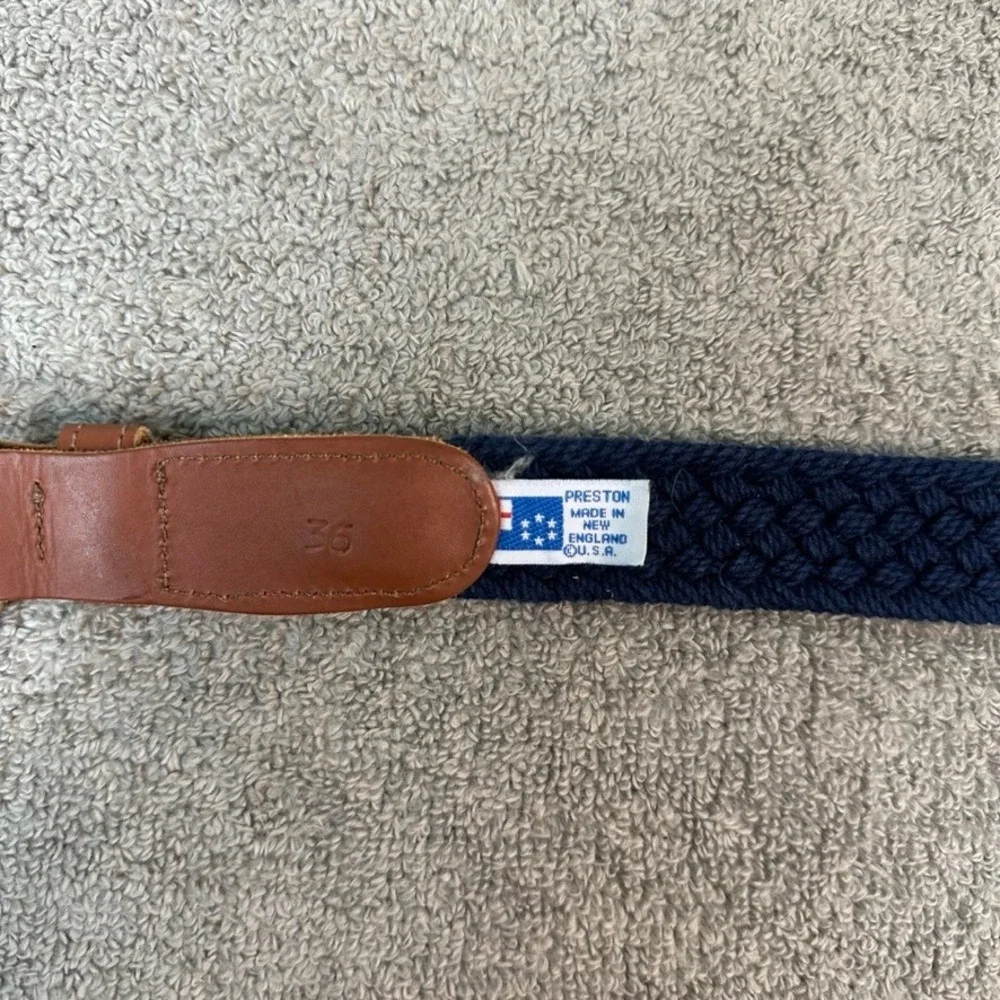 Preston New England Mens 36 Woven Surcingle Belt Navy Blue Brown Leather USA